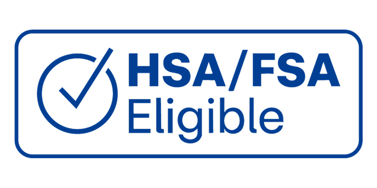 A blue and white badge graphic with a checkmark inside a circle and the text 'HSA/FSA Eligible'.